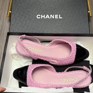 Chanel Pink Tweed Flats with Black Cap Toe